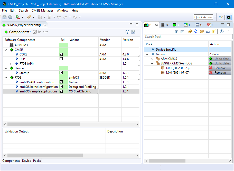 embOS CMSIS-Pack project configured in IAR Embedded Workbench